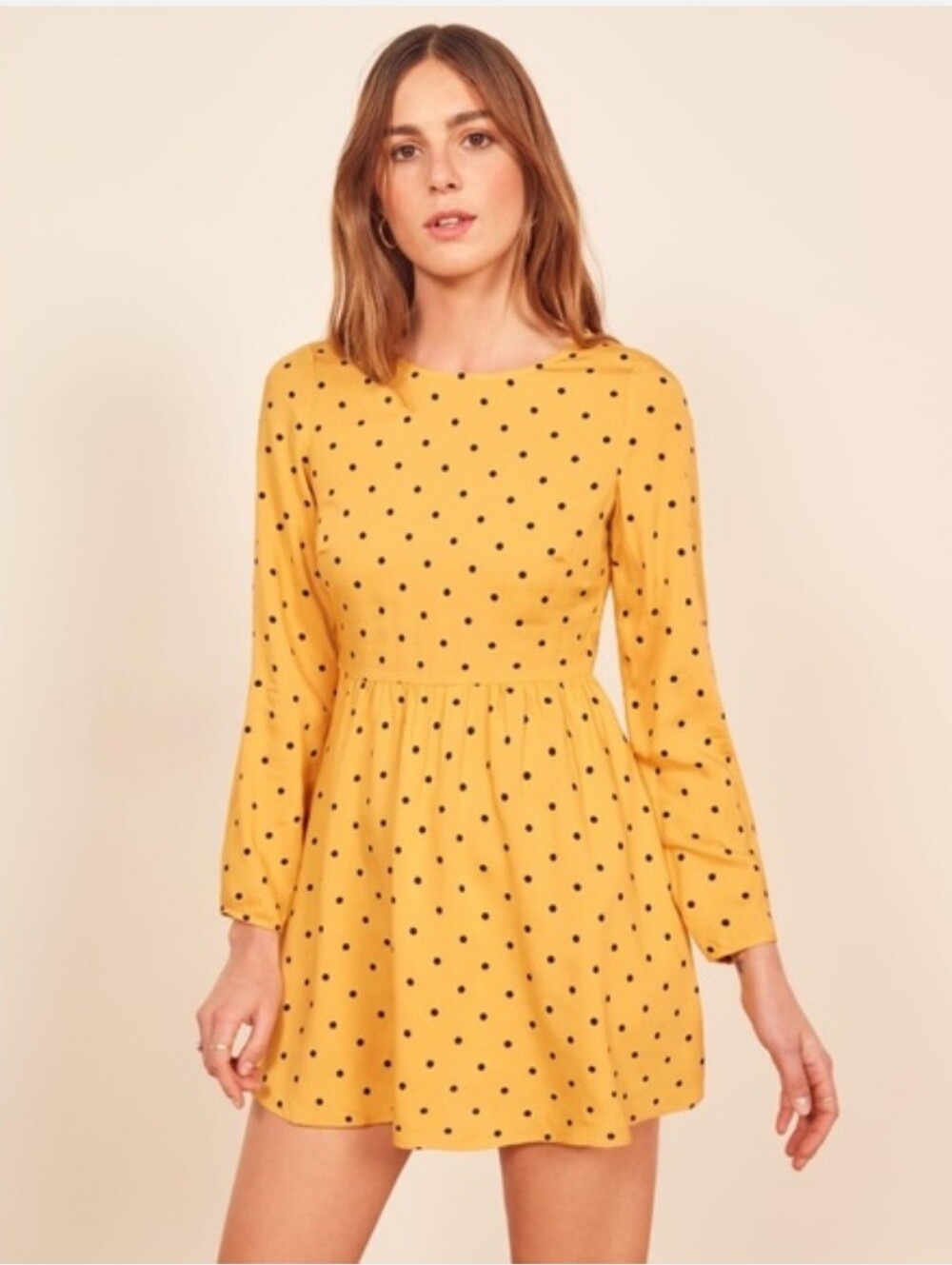 Reformation Jeans Australia Yellow & Black Polka Dot Angie Long Sleeves Dress XS